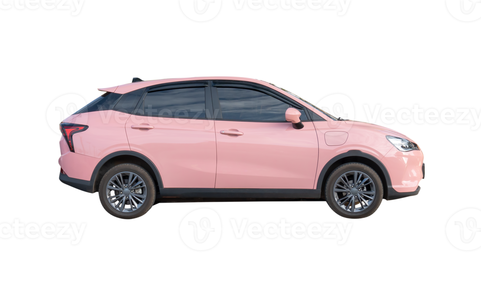 Side view of pink electric hatchback car isolated with clipping path in file format png