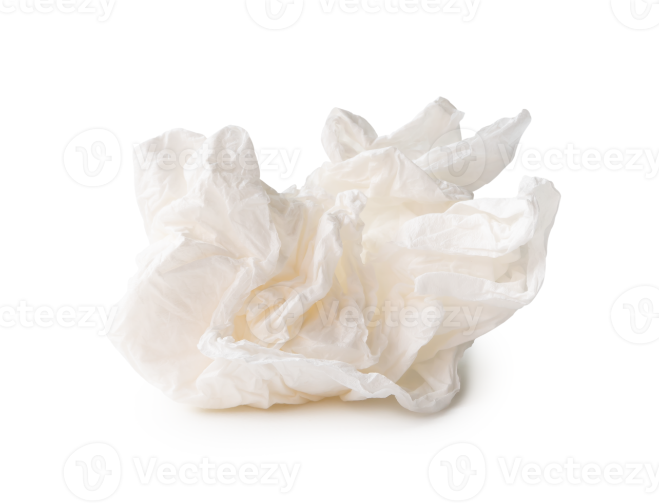 Front view of white screwed or crumpled tissue paper ball isolated with clipping path and shadow in file format png