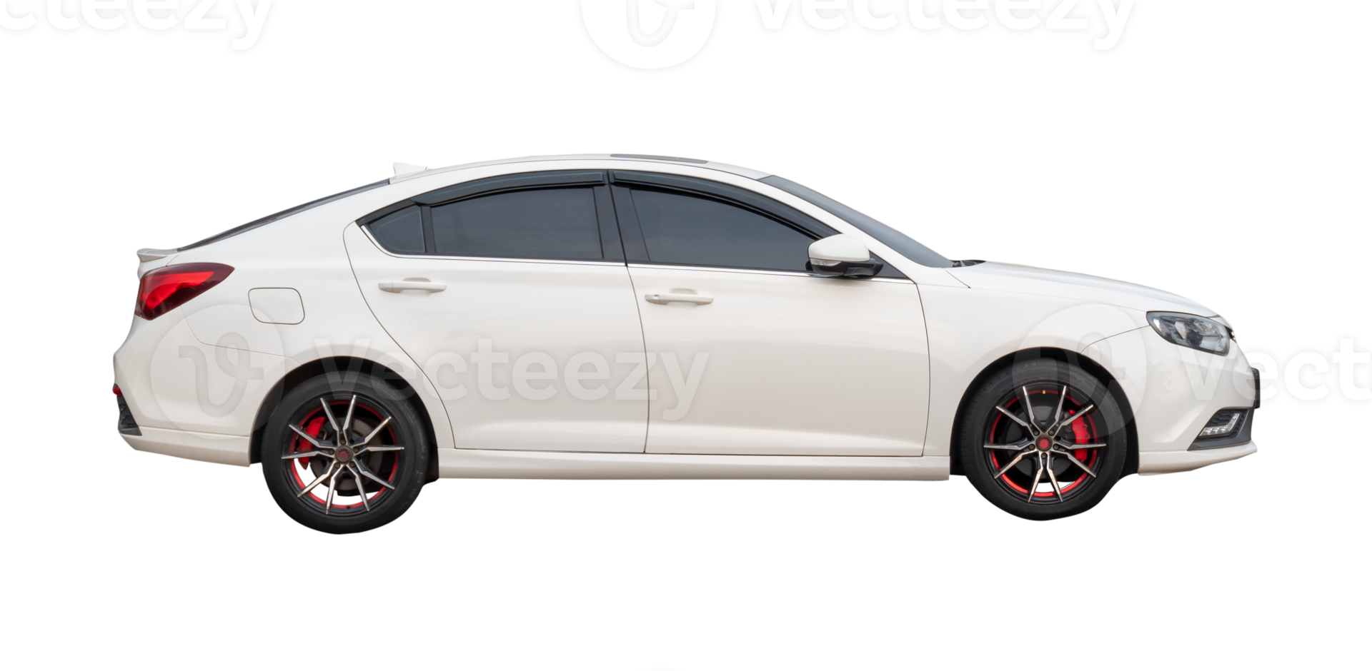 Side view of white sedan car isolated with clipping path in file format png