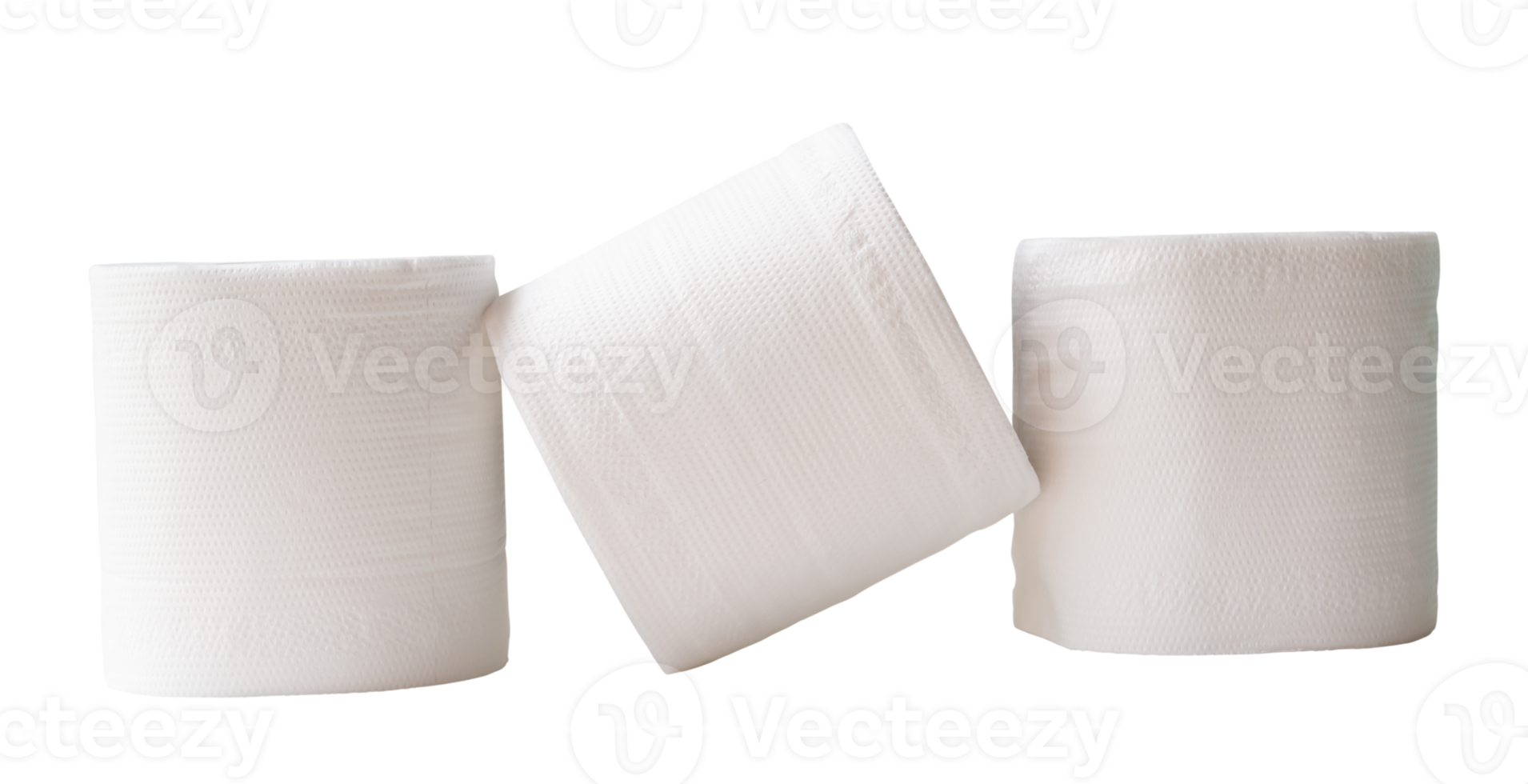 Front view of white tissue paper rolls in stack isolated with clipping path in file format png