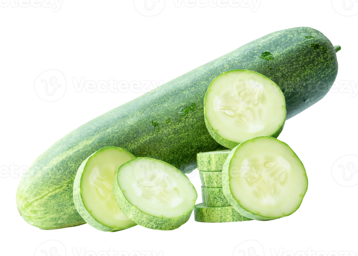 Front view of green cucumber with slices or pieces in stack isolated with clipping path in file format png