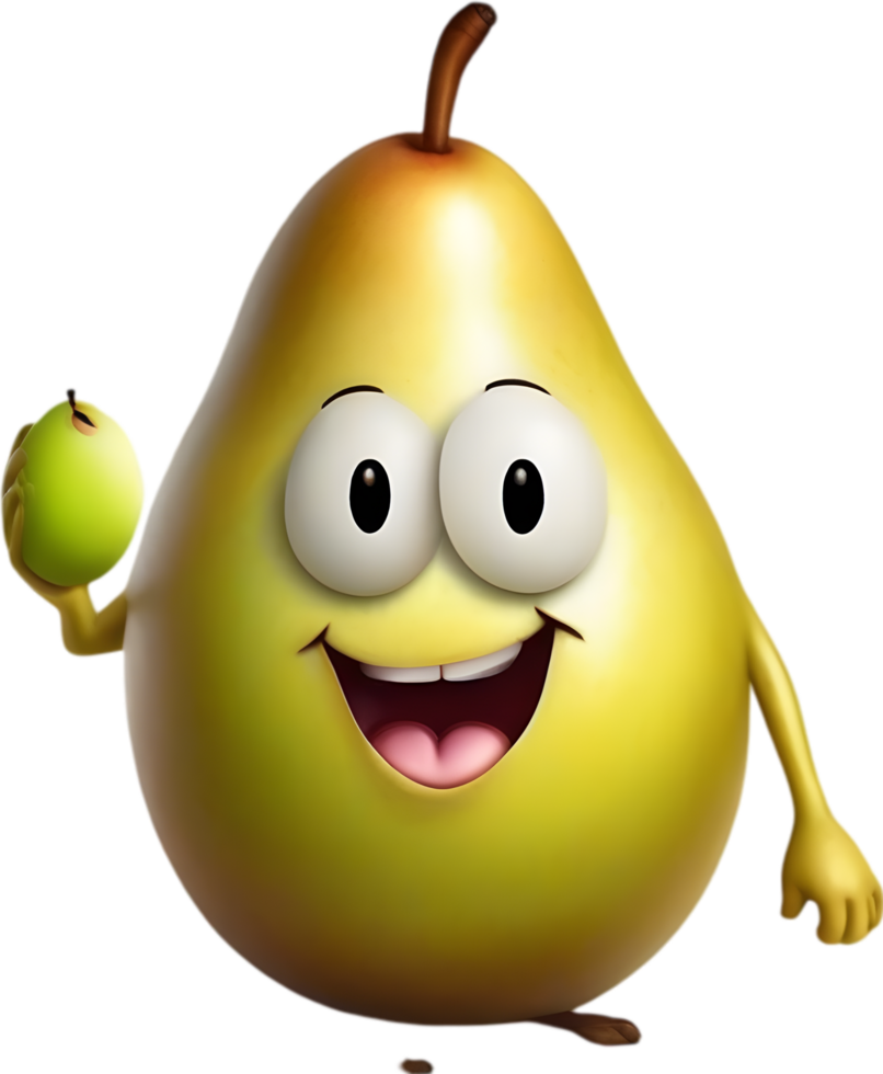 Adorable cartoon pear smiles cheerfully, inviting warmth and happiness. AI-generated. png