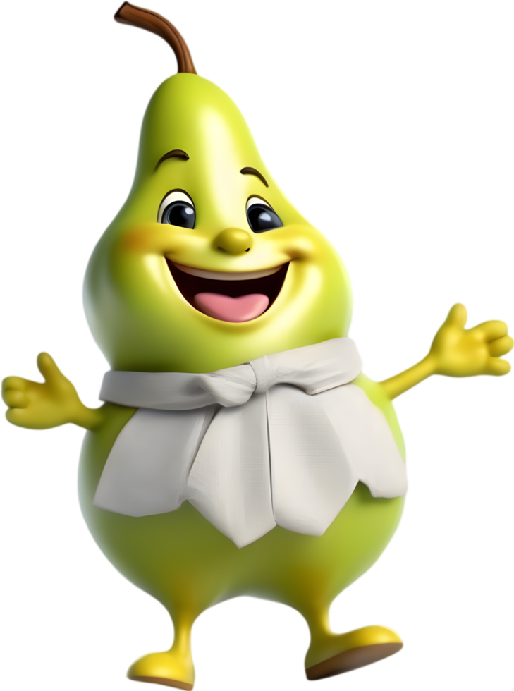 Adorable cartoon pear smiles cheerfully, inviting warmth and happiness. AI-generated. png