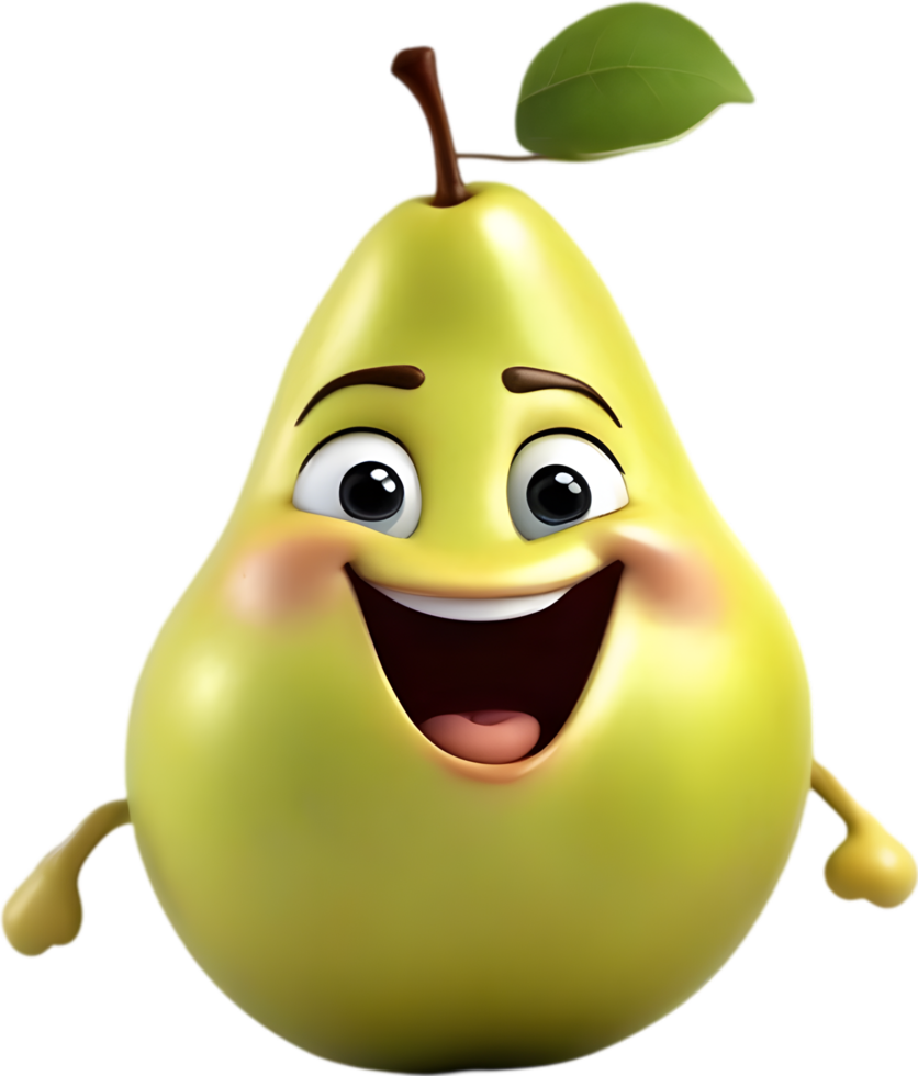 Adorable cartoon pear smiles cheerfully, inviting warmth and happiness. AI-generated. png