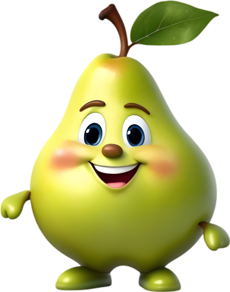 Adorable cartoon pear smiles cheerfully, inviting warmth and happiness. AI-generated. png