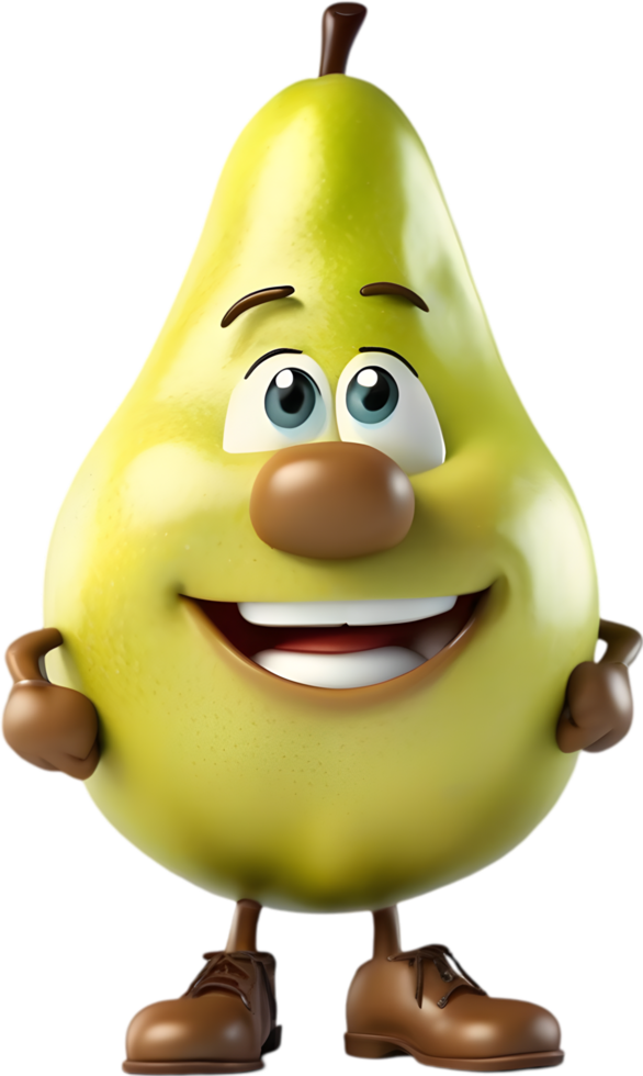 Adorable cartoon pear smiles cheerfully, inviting warmth and happiness. AI-generated. png