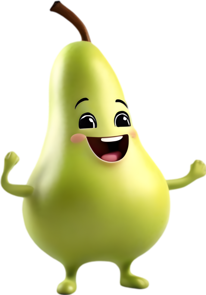 Adorable cartoon pear smiles cheerfully, inviting warmth and happiness. AI-generated. png