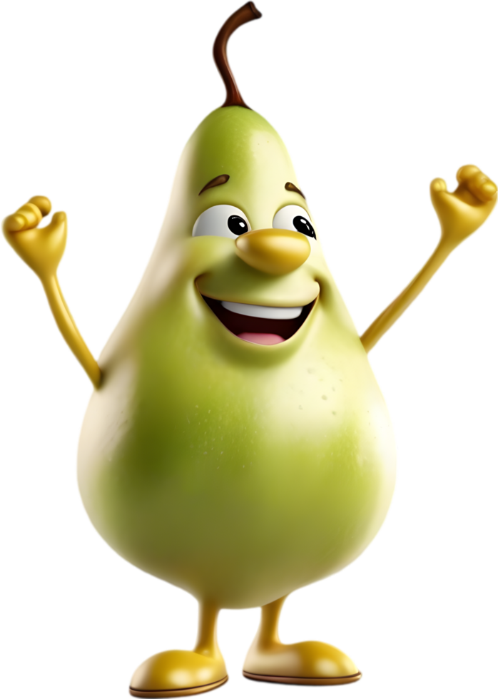 Adorable cartoon pear smiles cheerfully, inviting warmth and happiness. AI-generated. png