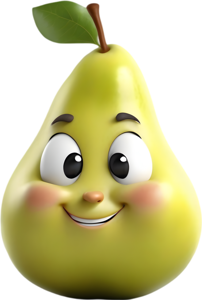 Adorable cartoon pear smiles cheerfully, inviting warmth and happiness. AI-generated. png