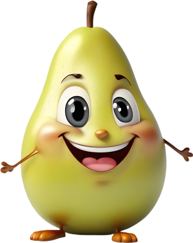 Adorable cartoon pear smiles cheerfully, inviting warmth and happiness. AI-generated. png