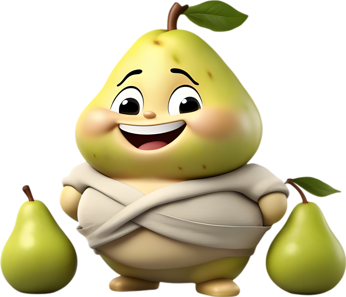 Adorable cartoon pear smiles cheerfully, inviting warmth and happiness. AI-generated. png