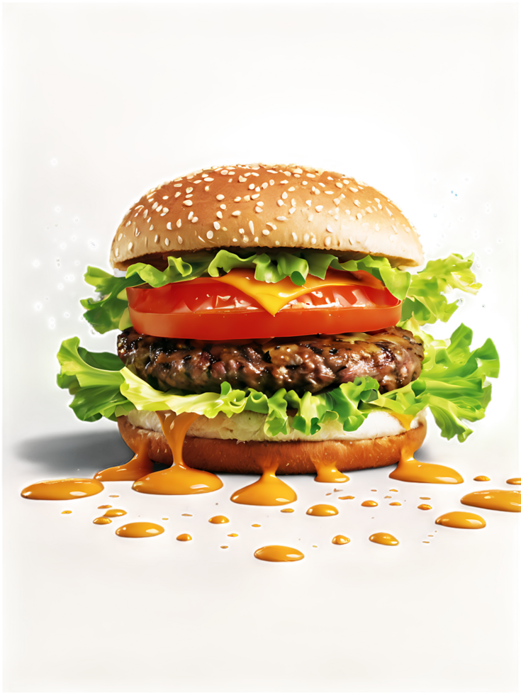 A juicy hamburger with a sesame seed bun, crispy lettuce, ripe tomato slices, and a beef patty floating in mid-air, Transparent Background png