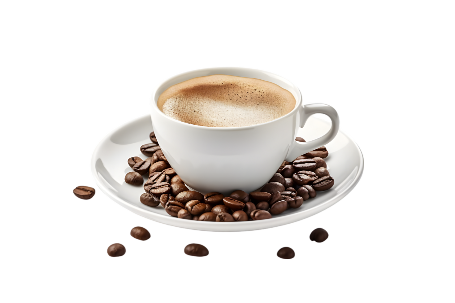 Cup of coffee and coffee beans on transparent background png