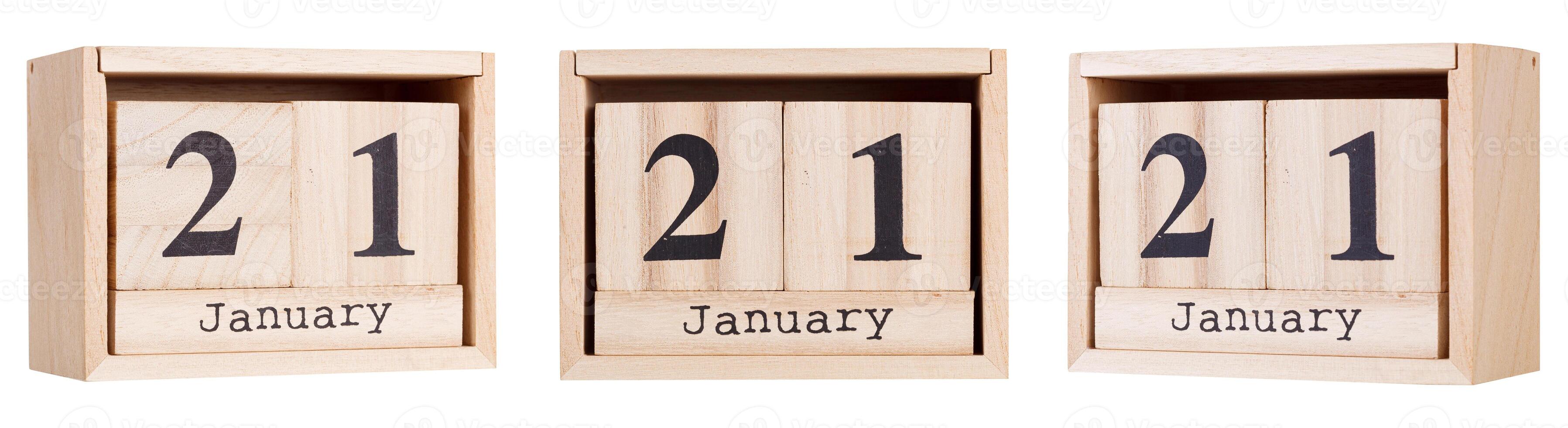 Wooden calendar, a set of dates of the month 21 January, on a white and transparent background photo