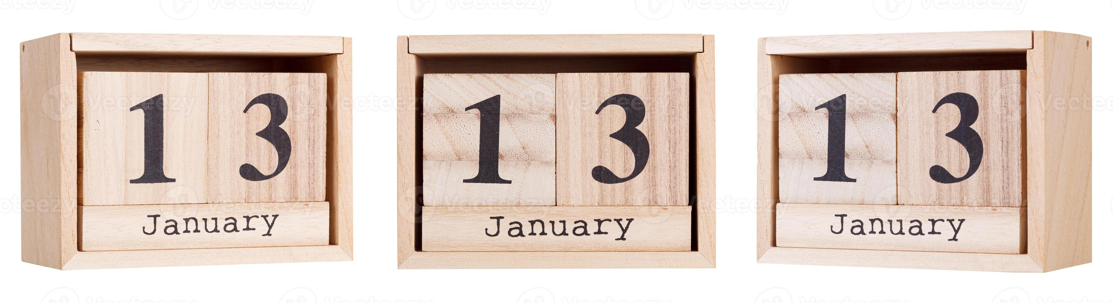 Wooden calendar, a set of dates of the month 13 January, on a white and transparent background photo