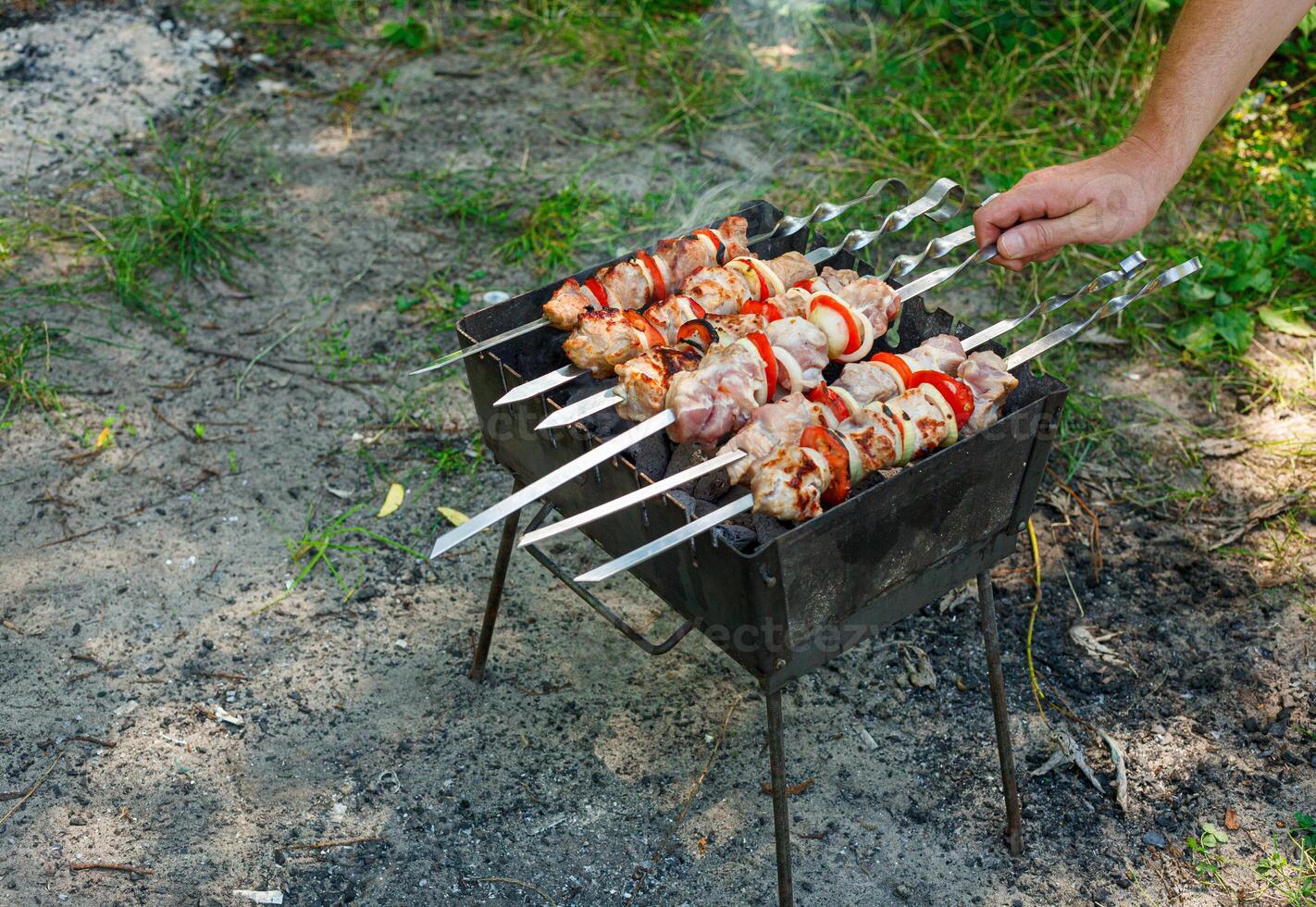 Cooking barbecue with vegetables on skewers. Roasted meat on the grill photo
