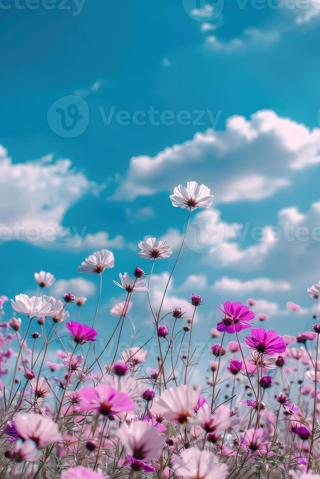 Purple and White Cosmos Field Under Blue Sky photo