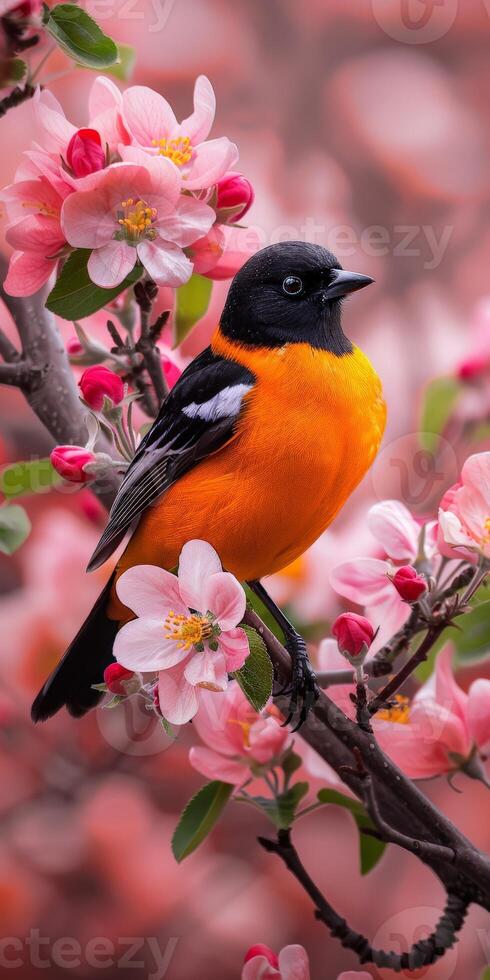 Bird on Apple Blossom Branch photo