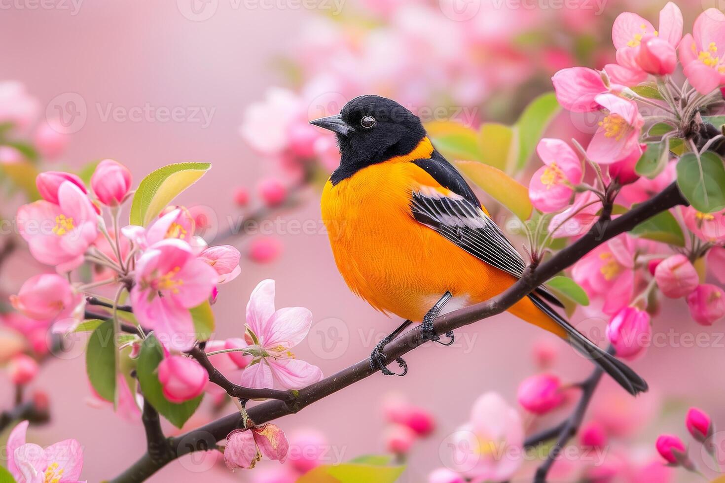 Bird on Apple Blossom Branch photo