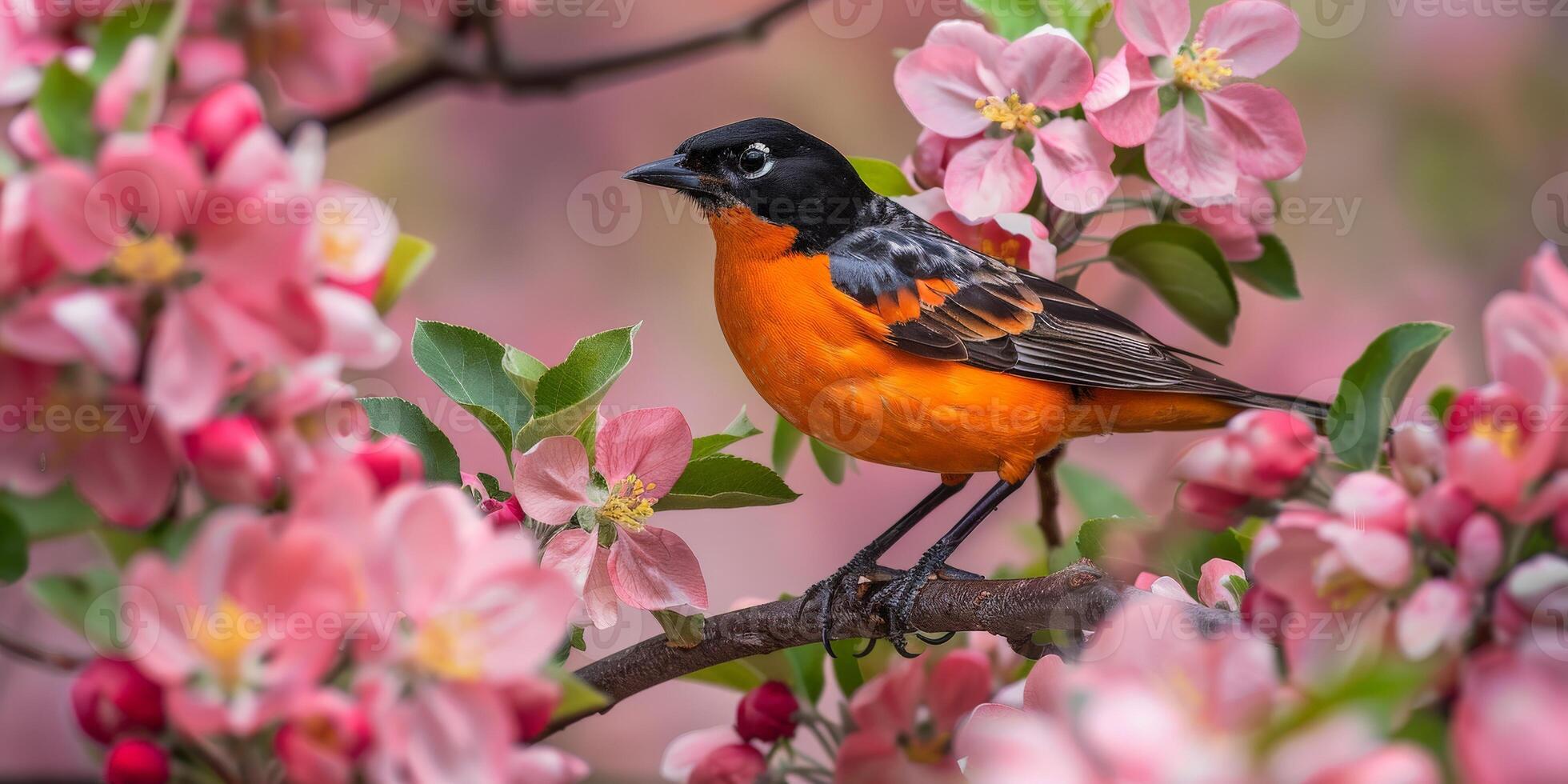 Bird Perched on Apple Blossom Branch photo