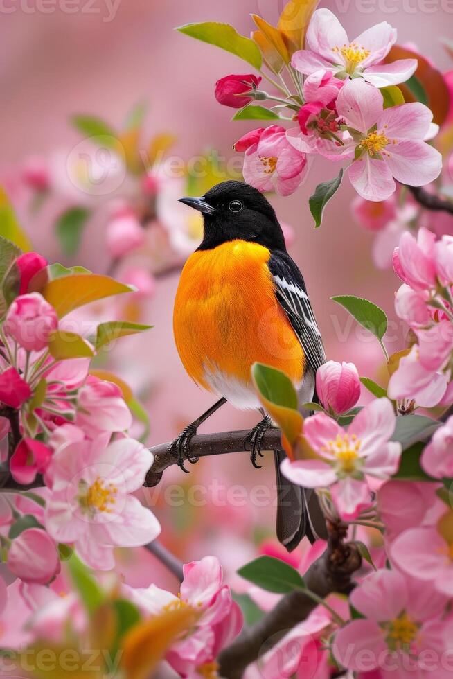 Bird on Apple Blossom Branch photo
