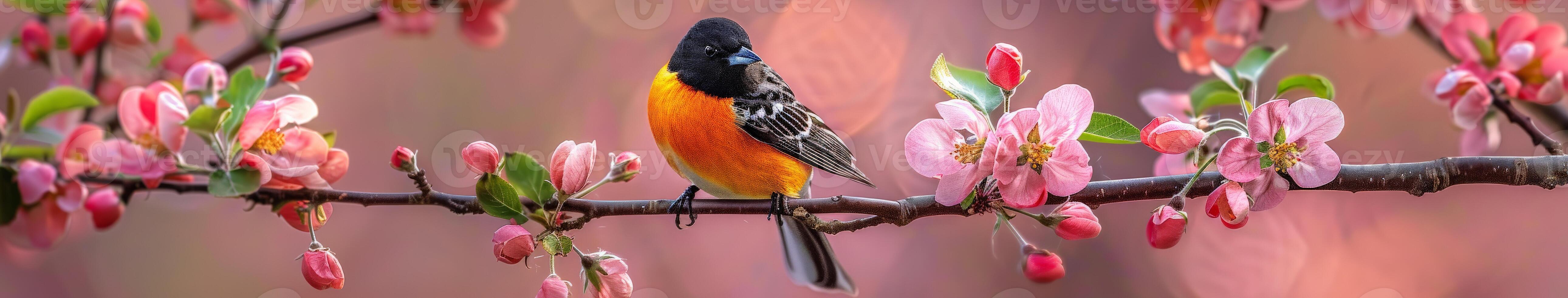 Bird on Apple Blossom Branch photo