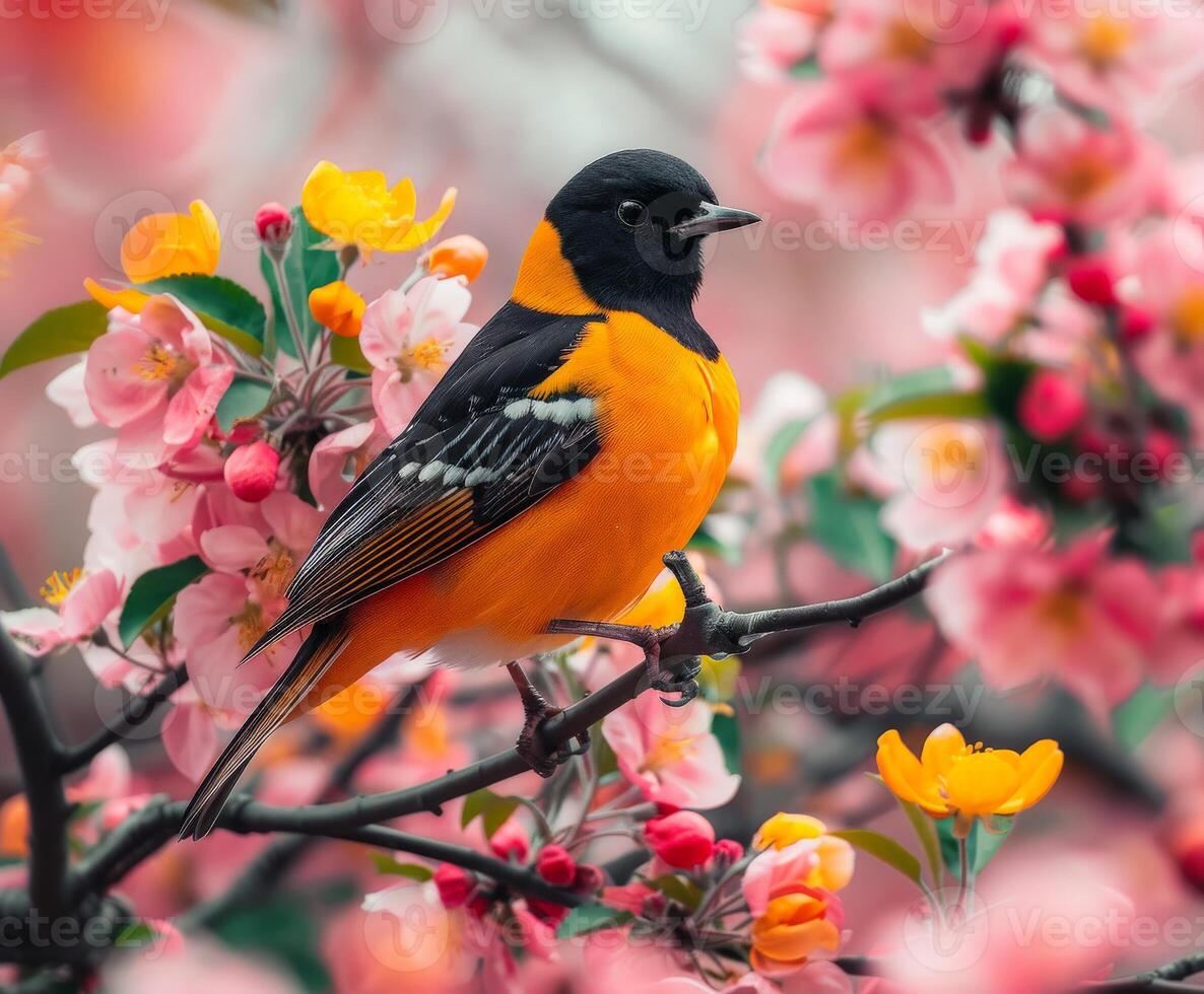 Baltimore Oriole on Apple Blossom Branch photo