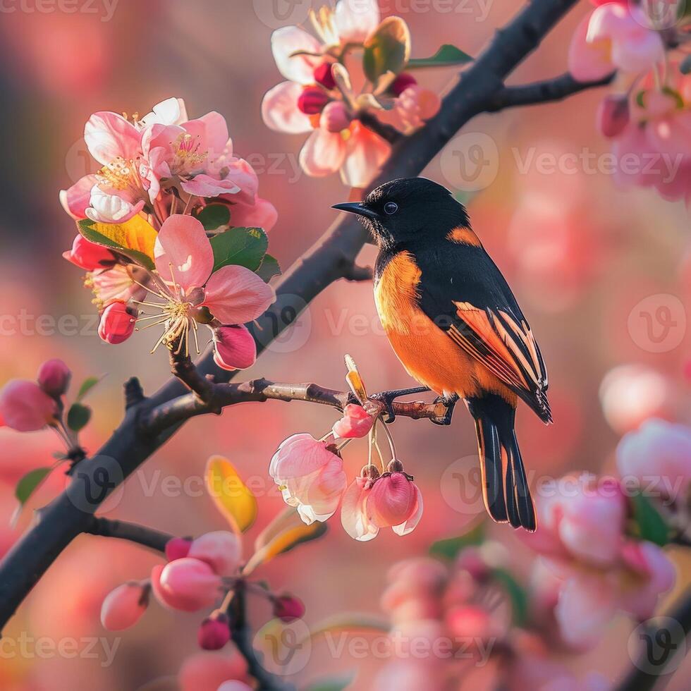 Bird Perched on Apple Blossom Branch photo