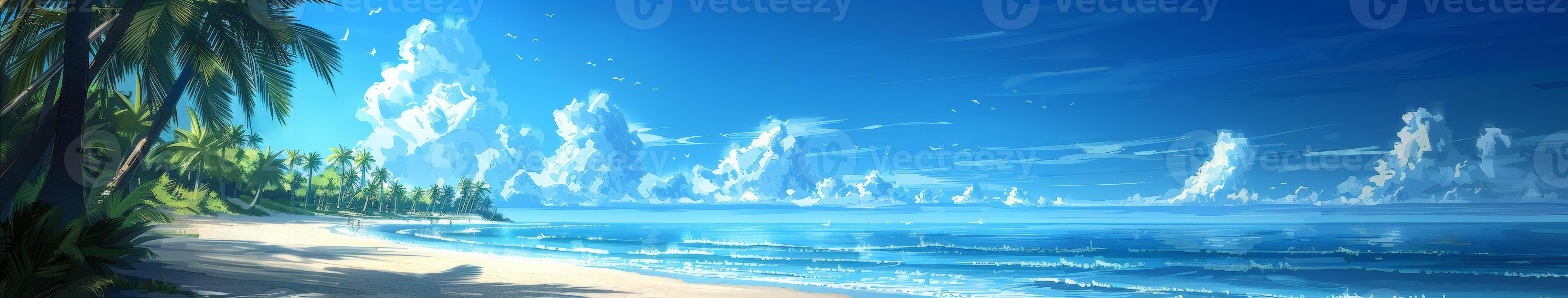 Tropical Beach Scene With Palm Trees and Blue Sky photo