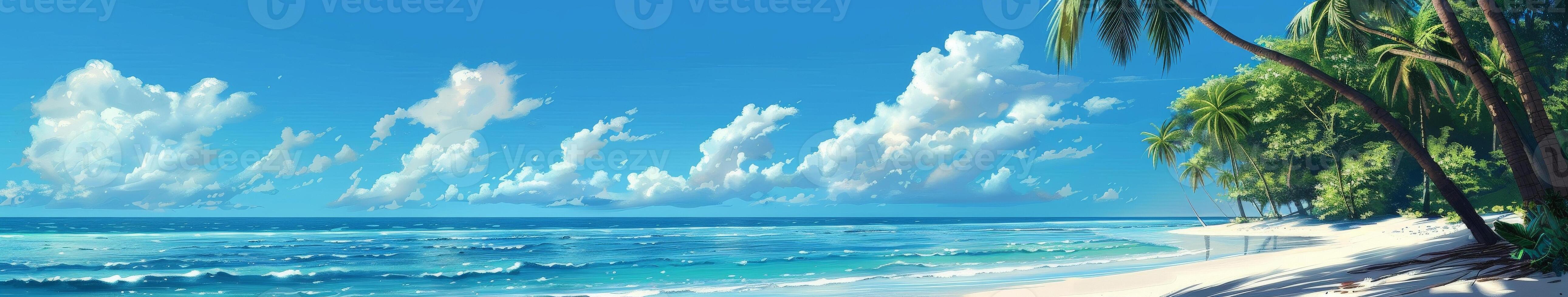 A Tranquil Tropical Beach Scene With Palm Trees Under a Blue Sky photo