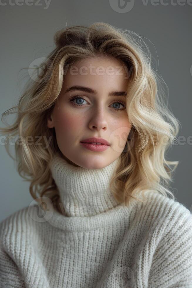 Blonde Woman In White Sweater Against Grey Background photo