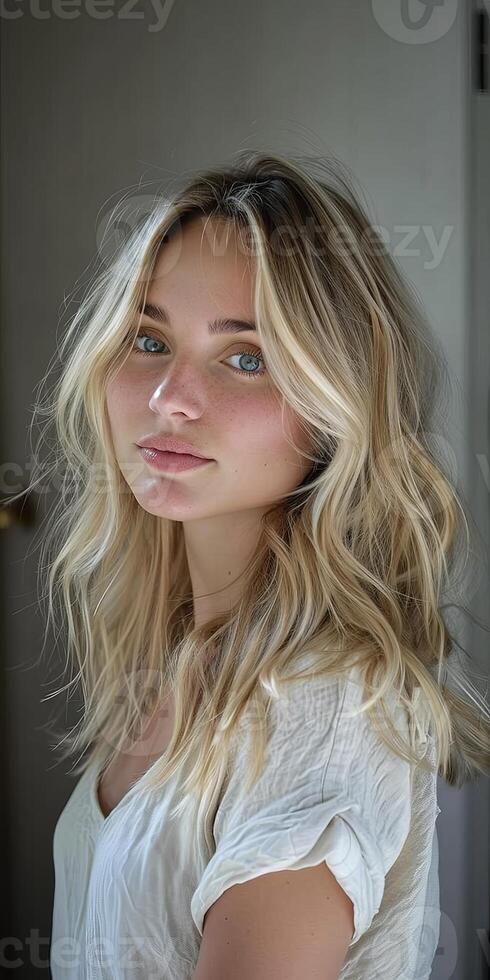 Blonde Woman With Wavy Shoulder-Length Hair Poses in a White Shirt photo