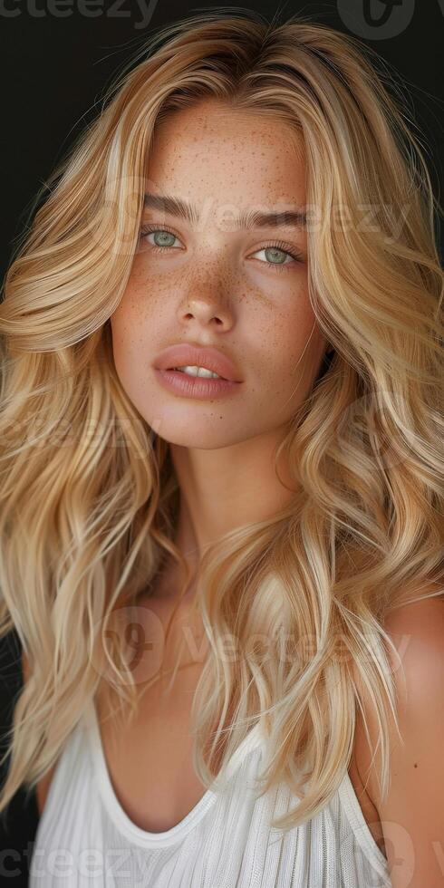 Blonde Woman With Wavy Hair Posing in Studio photo