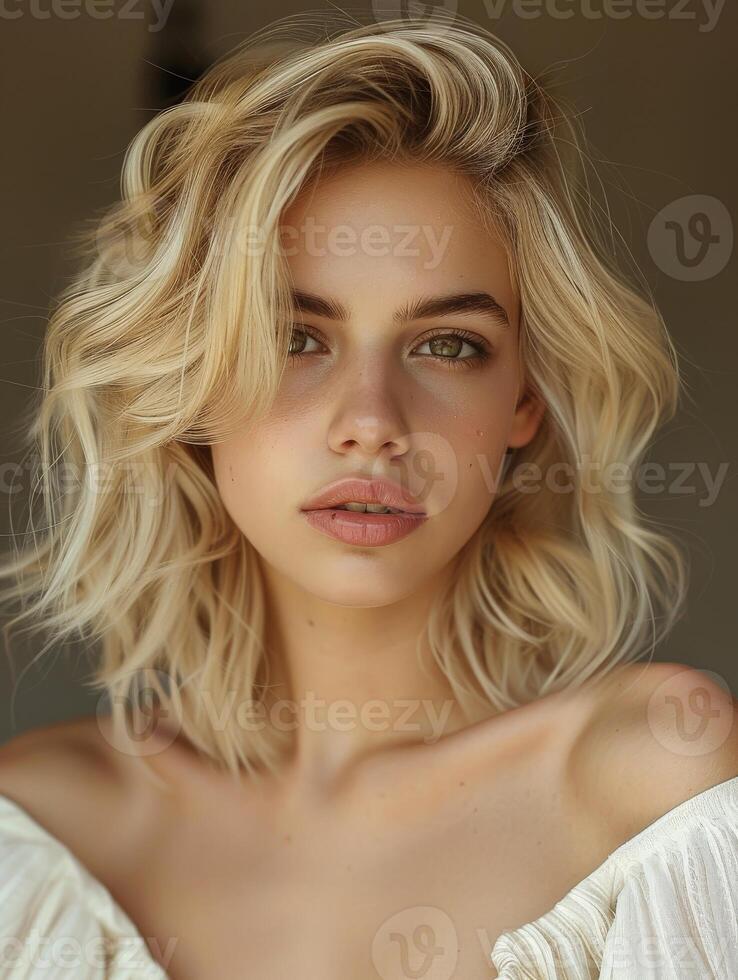 Blonde Model With Wavy Hair Posing In Natural Light photo