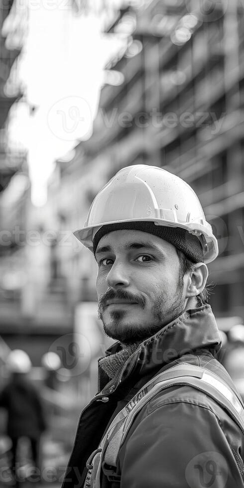 Construction Worker Wearing Hard Hat at Busy Construction Site photo