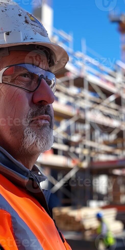 Construction Worker Wearing Safety Gear at a Busy Building Site photo