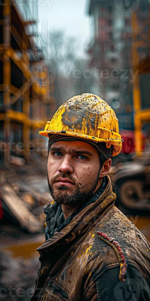 Construction Worker Standing In Front Of A Building Under Construction photo