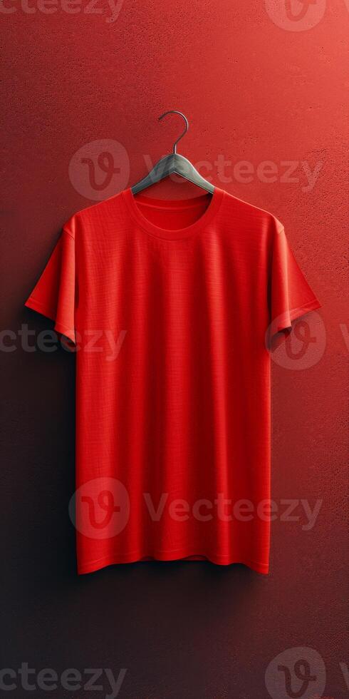 Red T-Shirt Hanging On A Hanger Against A Red Wall photo