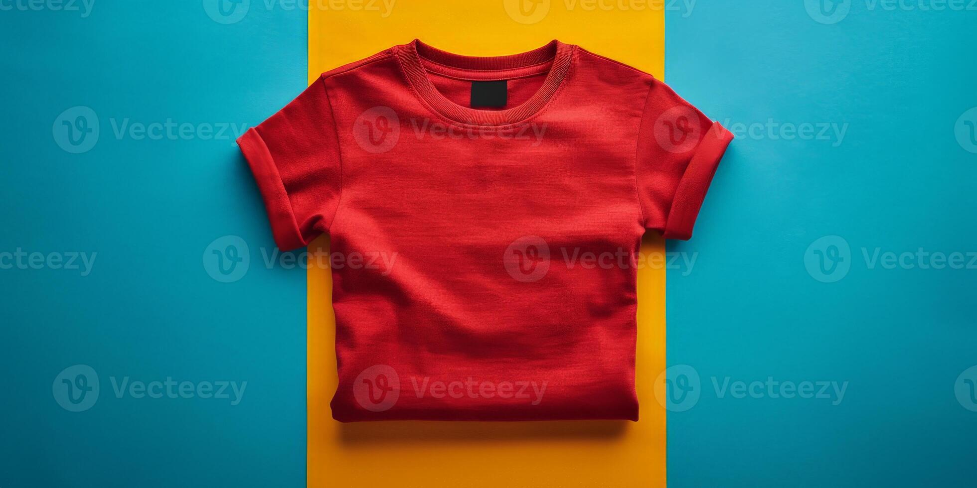 Red T-Shirt Folded on Blue and Yellow Background photo