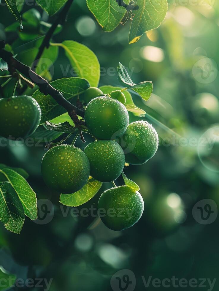 Ripe Green Plums Hanging From a Branch in the Sun photo