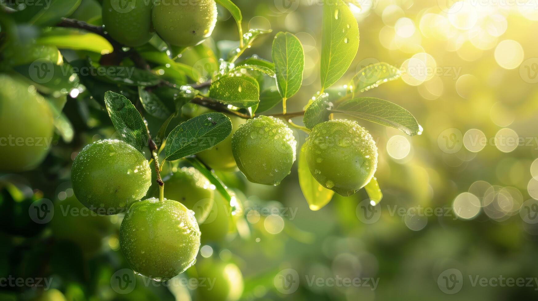 Ripe Green Plums Hanging on a Tree Branch in the Morning Sun photo