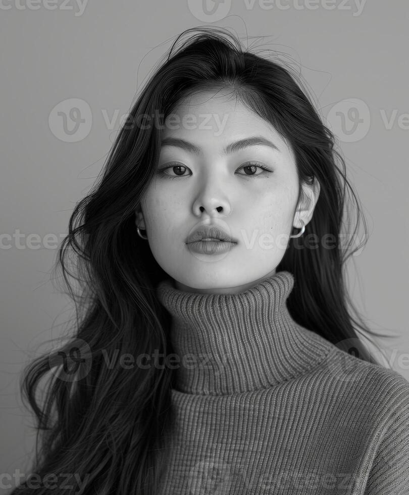 Asian Woman With Long Hair in Turtle Neck Sweater photo