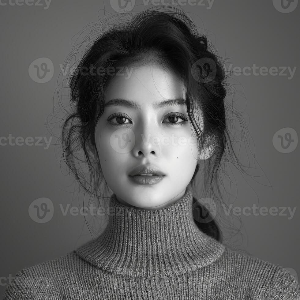 Black and White Portrait of Woman in Turtle Neck Sweater photo