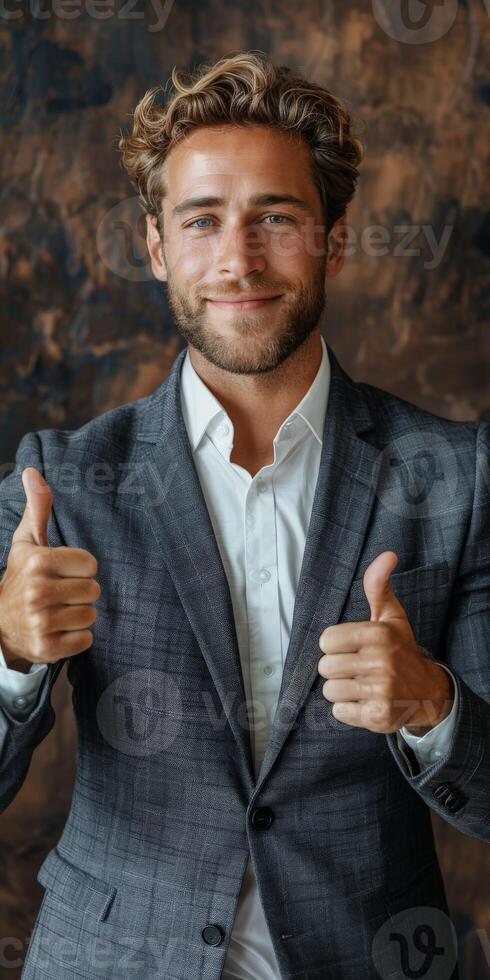 Businessman in Suit Giving Thumbs Up photo