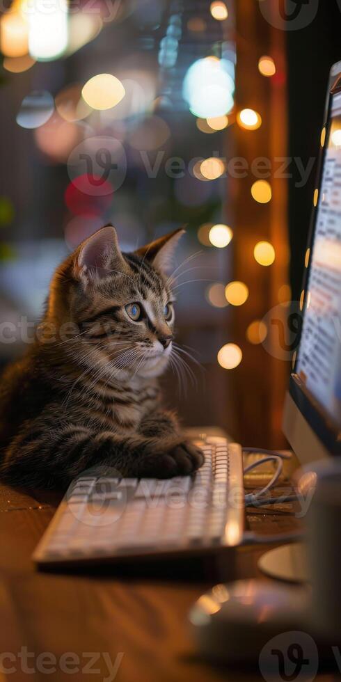 Cat Uses Computer At Night photo