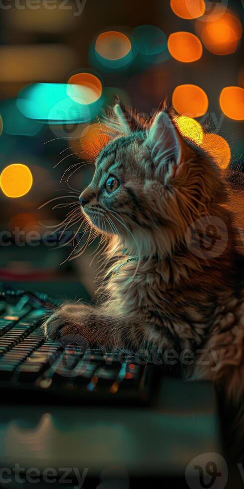 Cat Using a Computer at Night photo