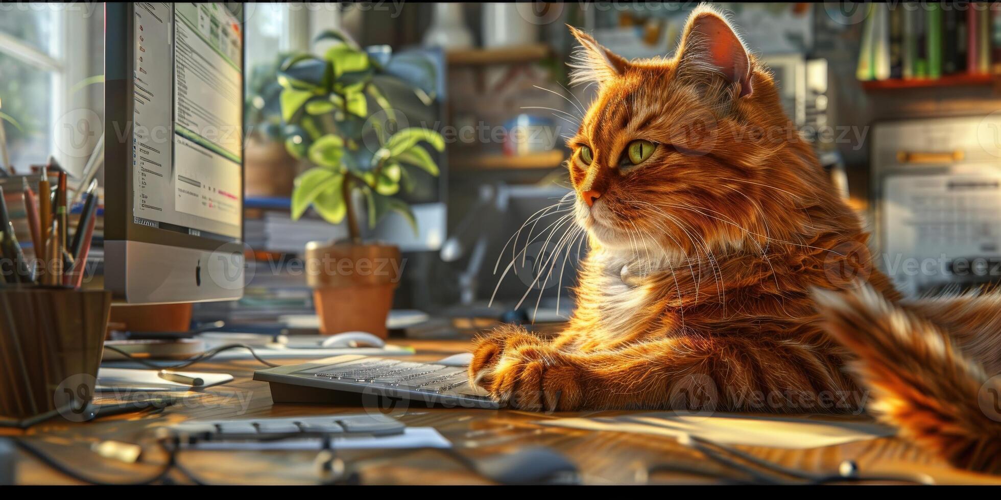 Orange Cat Using a Computer photo