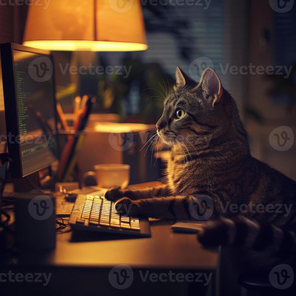 Tabby Cat Uses Computer At Night photo