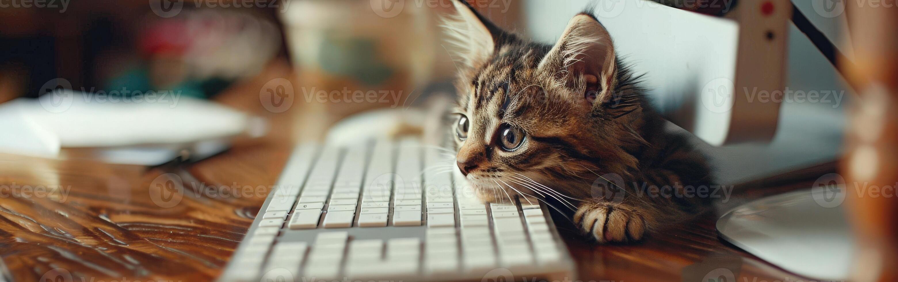 Tabby Cat Using Computer photo
