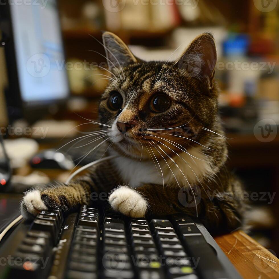 atigrado gato utilizando un computadora foto